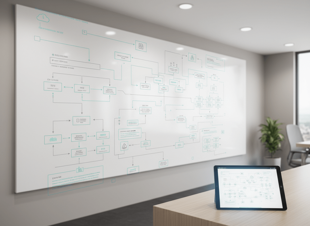 A pristine whiteboard wall in a modern, neutral-toned workspace is overlaid with a ghostly, translucent layer of digital system diagrams and automation flows, rendered in precise thin lines of slate gray and soft cyan. On a streamlined light-wood console below, a single tablet glows with the same interface, emphasizing continuity between physical and digital order. Overhead recessed lighting provides even, soft illumination that eliminates harsh shadows, creating a calm, analytical atmosphere. The composition uses the rule of thirds, with the glowing tablet anchored in the lower right and the ethereal diagrams expanding into the upper left. Background elements remain minimal and slightly out of focus, preserving a sense of spaciousness and clarity. The photographic style is clean, modern, and corporate, conveying the idea of an invisible operating system organizing complex business processes without visual clutter.