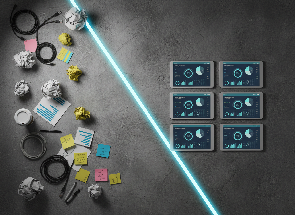 A dark, textured concrete surface is divided into two contrasting zones: on the left, scattered paper documents, tangled cables, and disorganized sticky notes; on the right, a meticulously aligned array of slim devices displaying synchronized dashboards in cool, muted tones. A thin, glowing diagonal line, like a digital seam of light, separates chaos from order, symbolizing transformation. Overhead softbox-style lighting creates gentle gradients and subtle shadows, highlighting texture while maintaining a clean, controlled look. Shot from a slightly elevated top-down angle with sharp focus across the frame, the composition feels structured and deliberate. The overall mood is decisive and empowering, emphasizing how an invisible system quietly converts operational mess into streamlined clarity. The photographic realism and corporate minimalism support a narrative of business management, automation, and scalable efficiency.